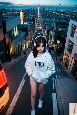 AI menghasilkan keindahan~Jalanan kota, hoodie besar