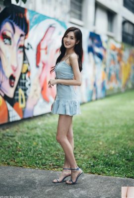 (Kaki indah ekstra) Model cantik berkaki panjang Zhang Yun dengan rok pendek biru, sepatu hak tinggi, kaki yang indah (53p)